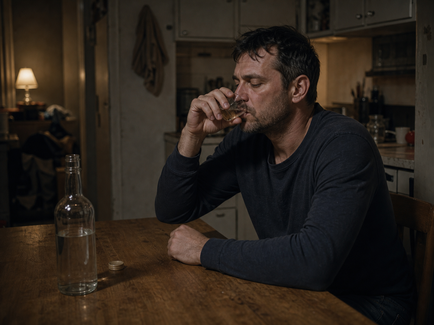 Bărbat singur la masă cu alcool