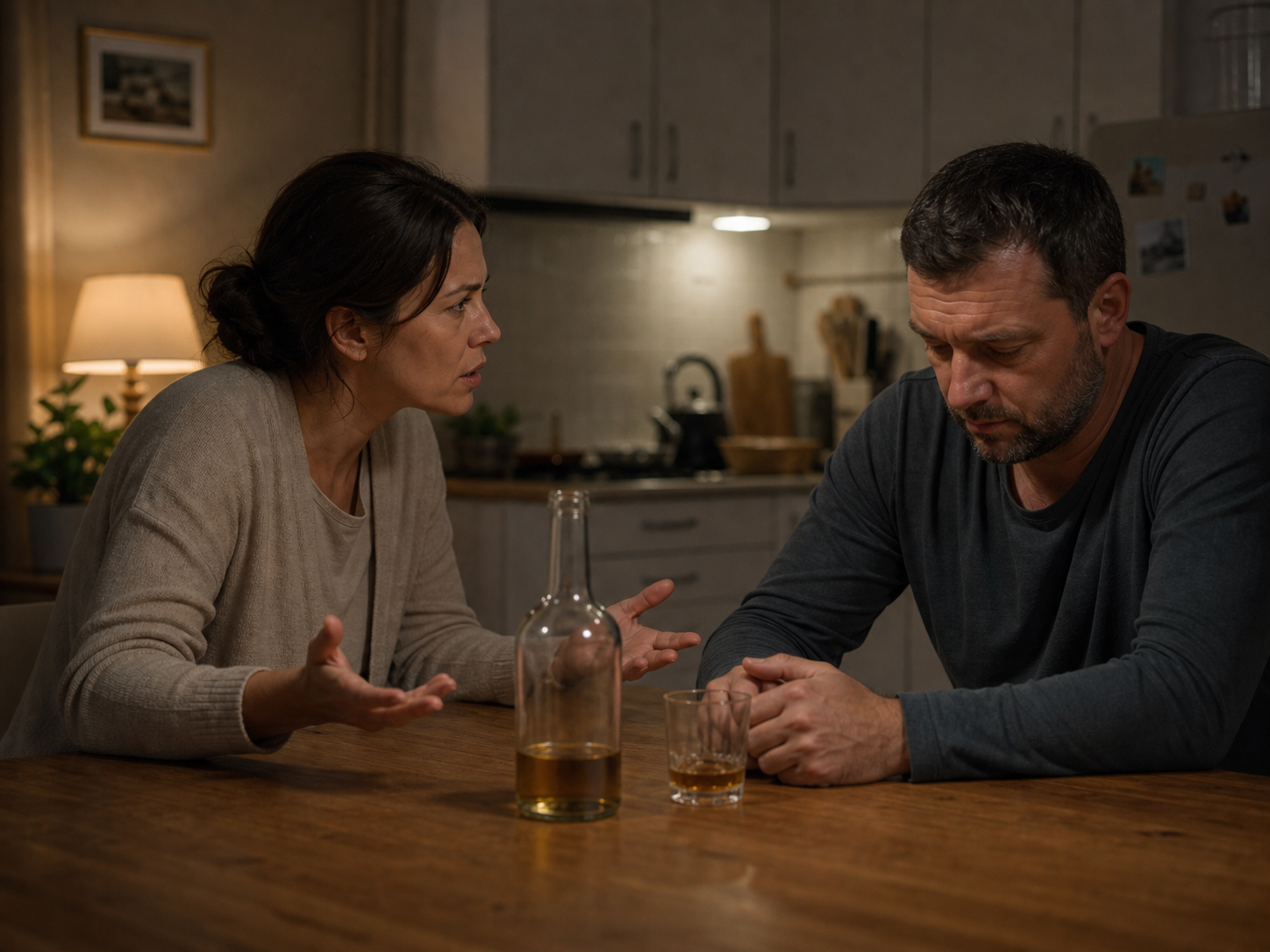 Discuție tensionată într-o familie, cu alcool pe masă